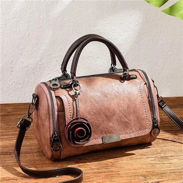 Rose Pendant Boston Handbag for Women – Vintage Leather Shoulder Bag