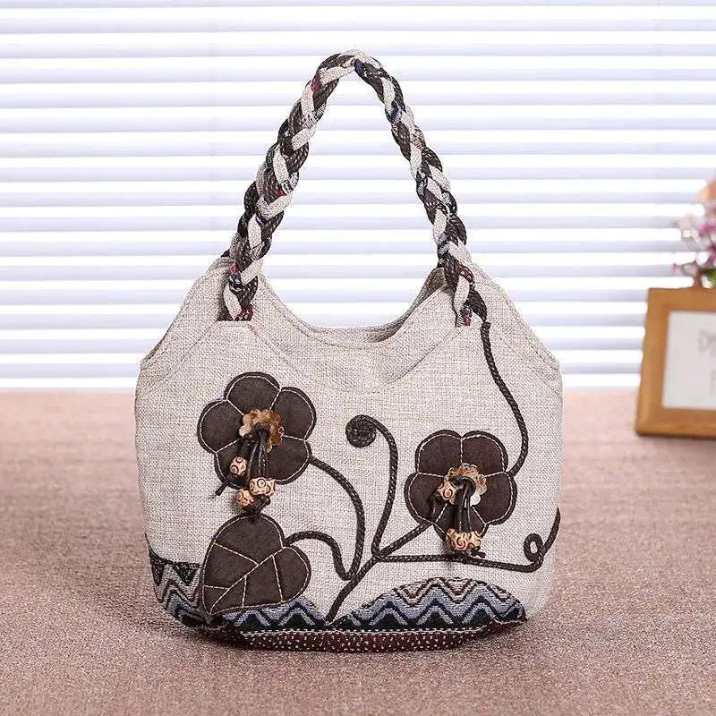 Women Linen Boho Tote Bag – Floral Ethnic Shoulder Handbag