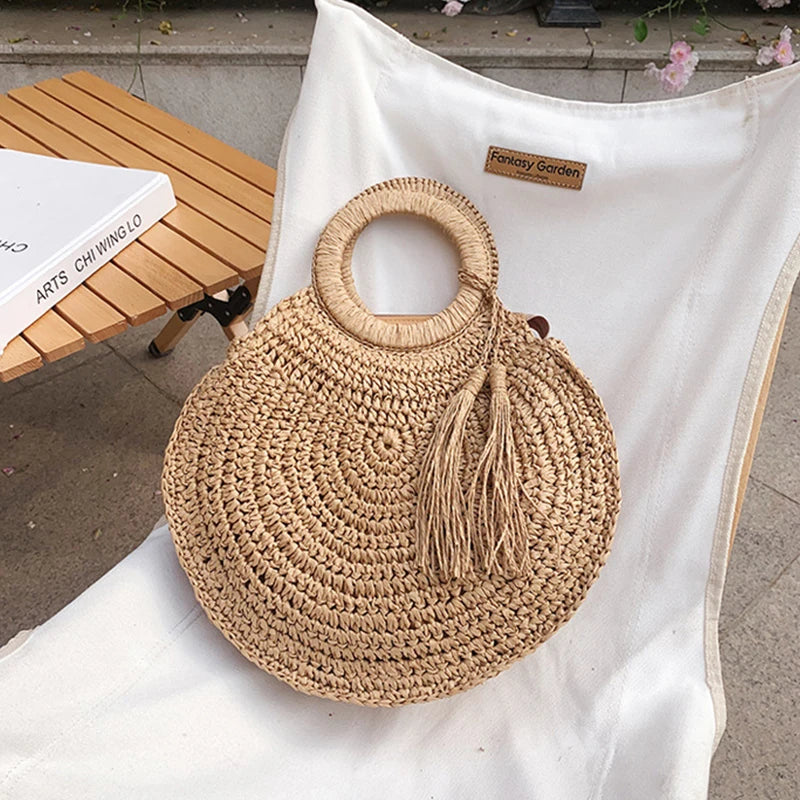 Round Rattan Straw Tote Bag with Tassel for Women