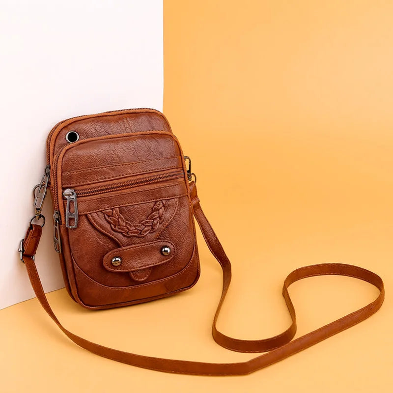 Leather Crossbody Bag – Retro Multi-Pocket Shoulder Bag for Women
