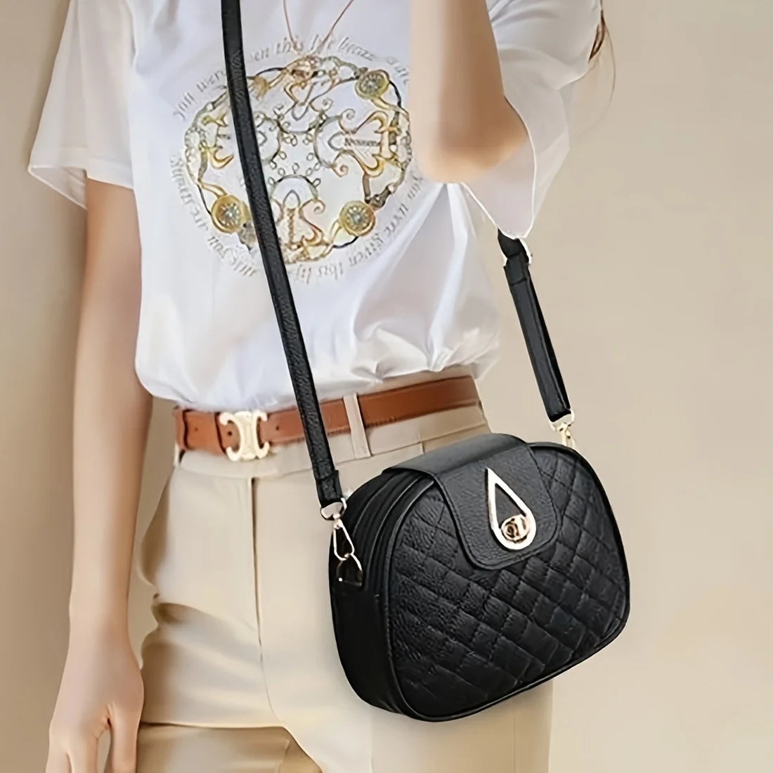 Black Crossbody Bag for Women – 3-Compartment Quilted Purse with Gold Hardware