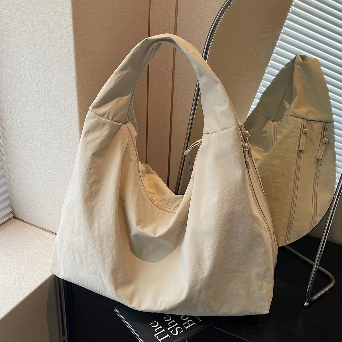 Nylon Tote Bag with Multiple Zipper Pockets – Solid Color Everyday Carry