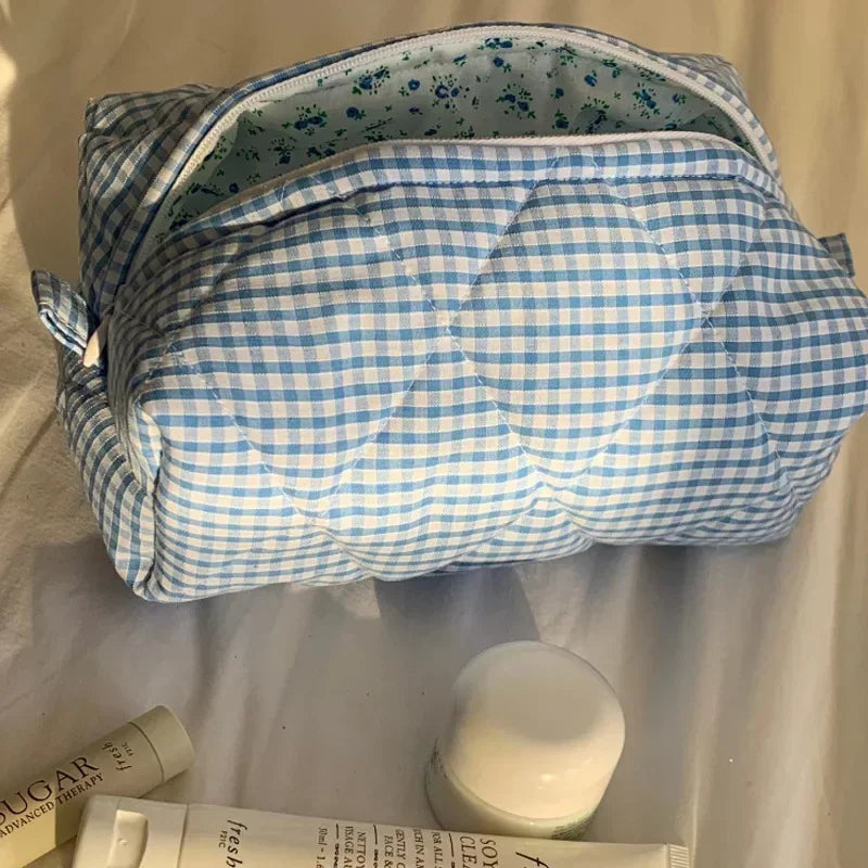 Checkered Floral Makeup Bag Large Capacity Portable Cosmetic Storage Cotton Quilted Wash Skincare