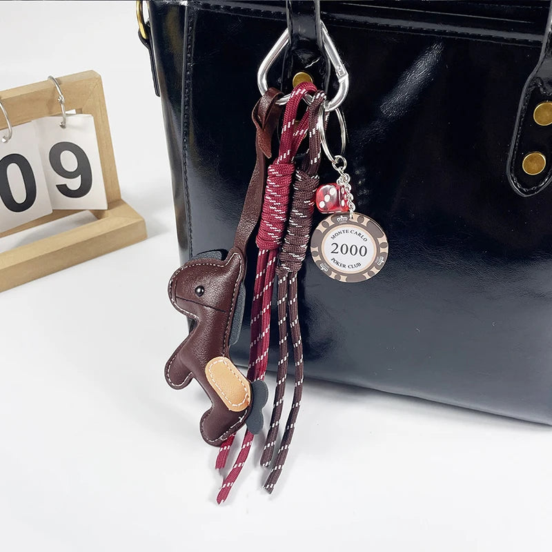 Cute Leather Horse Keychain Bag Charm with Wristlet Strap