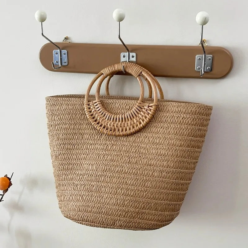 Woven Beach Tote Bag for Women – Round Wooden Handle
