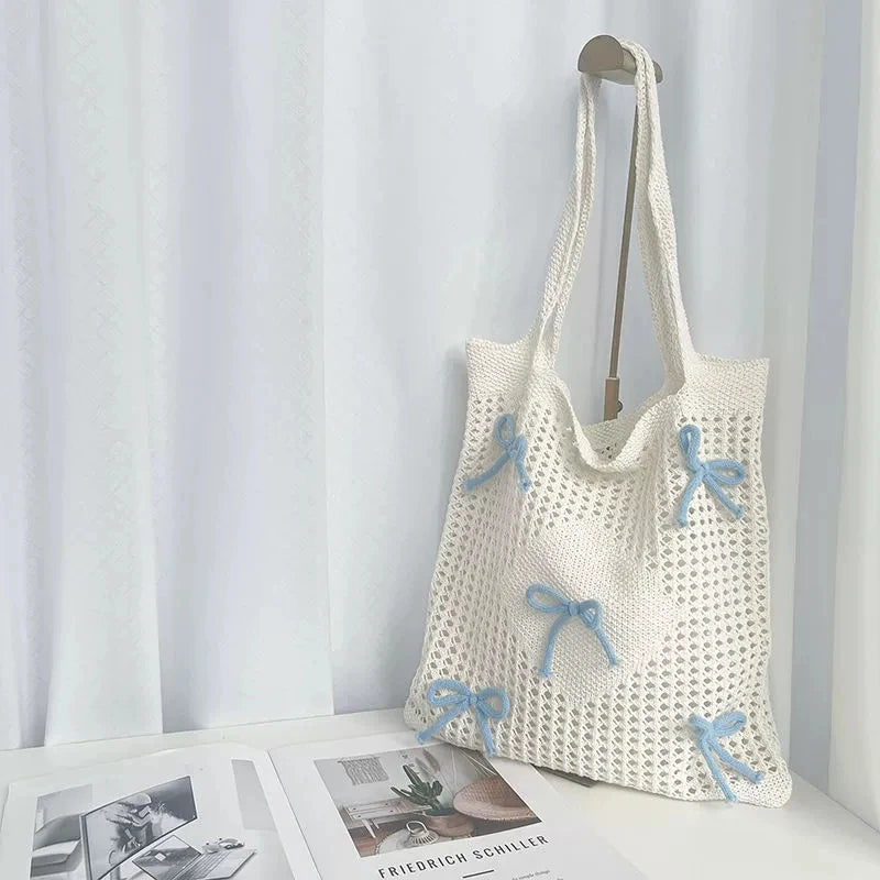 Crochet Tote Bag with Bow Accents – Preppy Knit Shoulder Bag