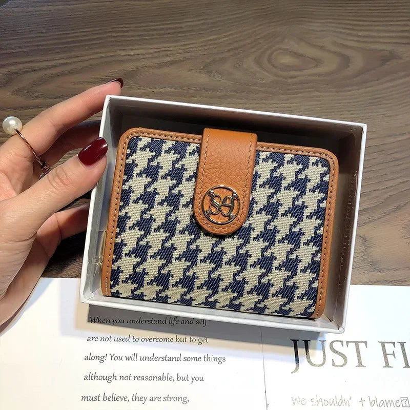 Purse Women Short Leather Niche Design Thousand Bird Lattice Lady Folding Organ Card Documents Clip