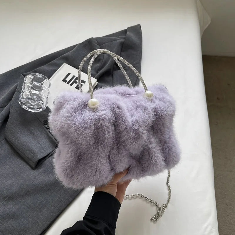 Faux Fur Crossbody Bag with Pearl Chain Strap