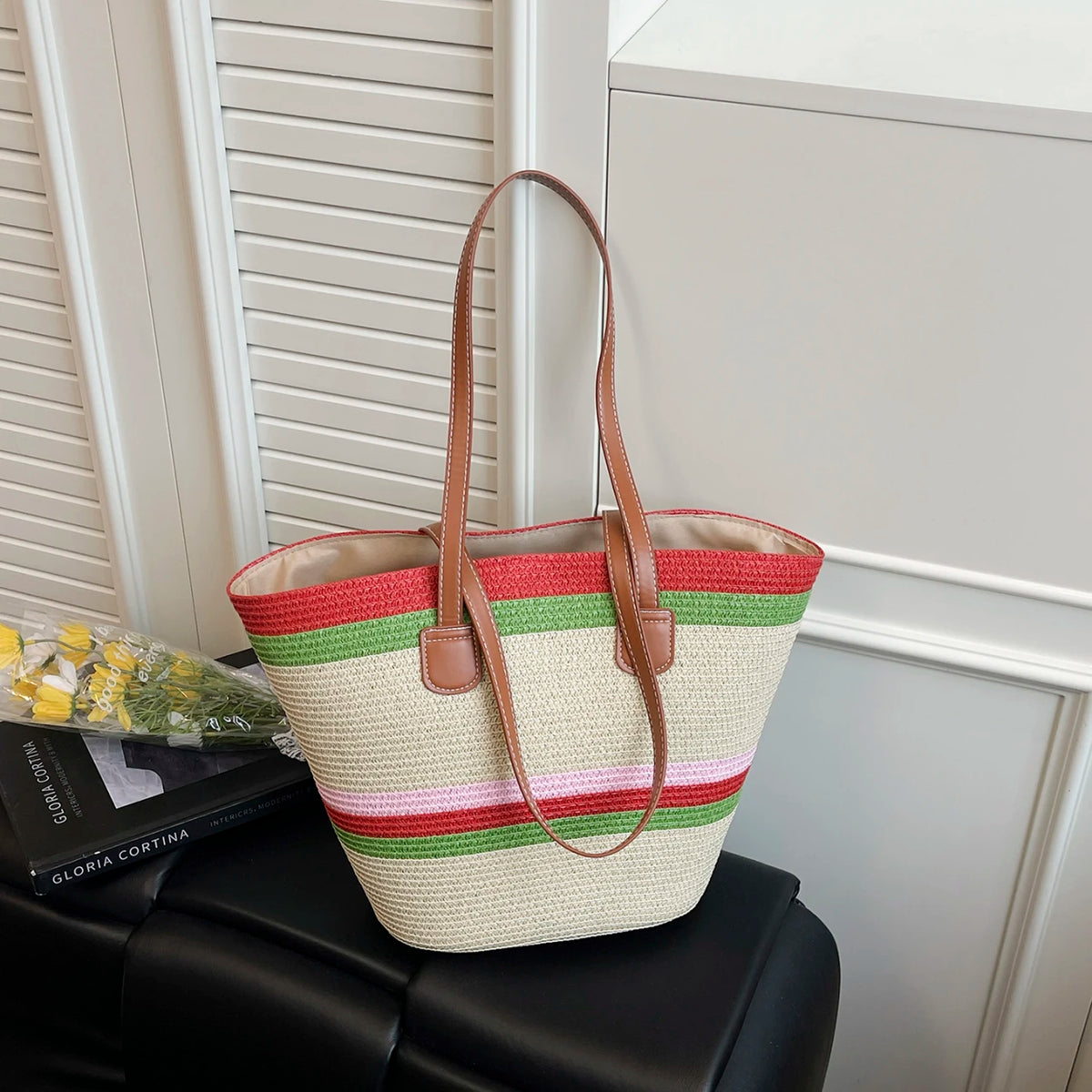 Vacation Beach Women Handbag Vibrant Color Stripe Tote Bag Woven Straw Large Capacity Shoulder