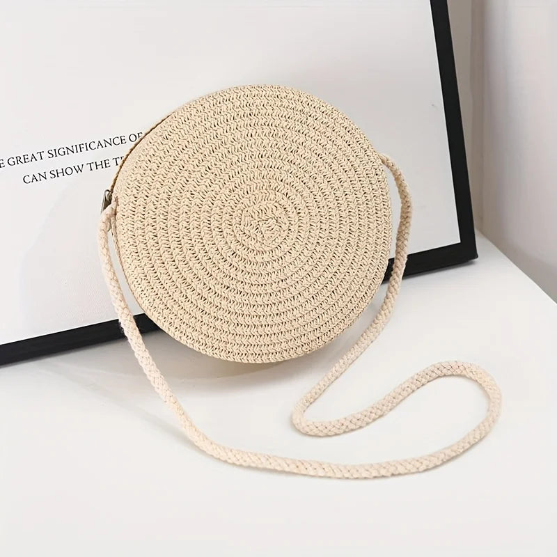 Round Woven Straw Crossbody Bag for Women – Boho Chic