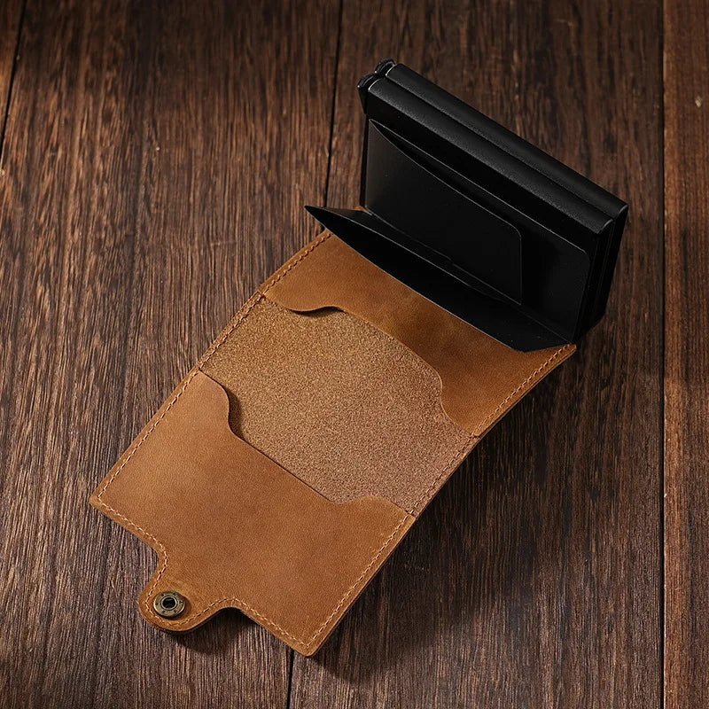 Double Aluminum Case Automatic Cartridge Card Clip Crazy Horse Leather Men Pop Bank Bag