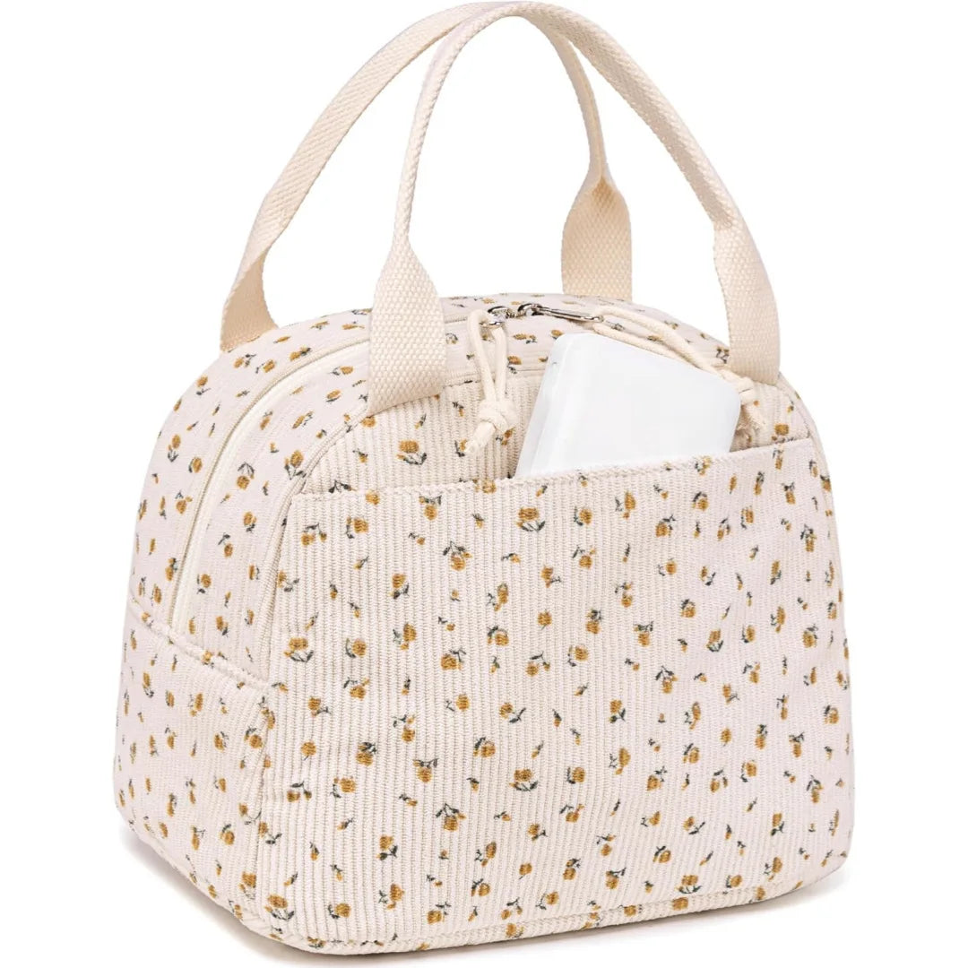 Corduroy Printed Color-Blocking Cartoon Kawai Hand-Held Bento Bag Large-Capacity Fresh-Keeping