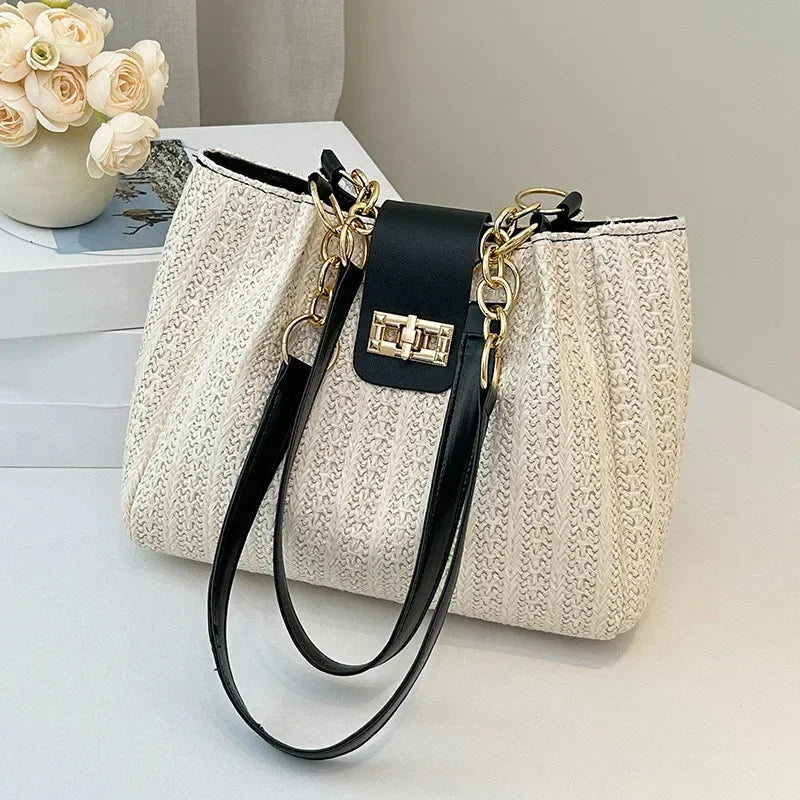 Straw Woven Tote Bag with Chain Leather Strap for Women