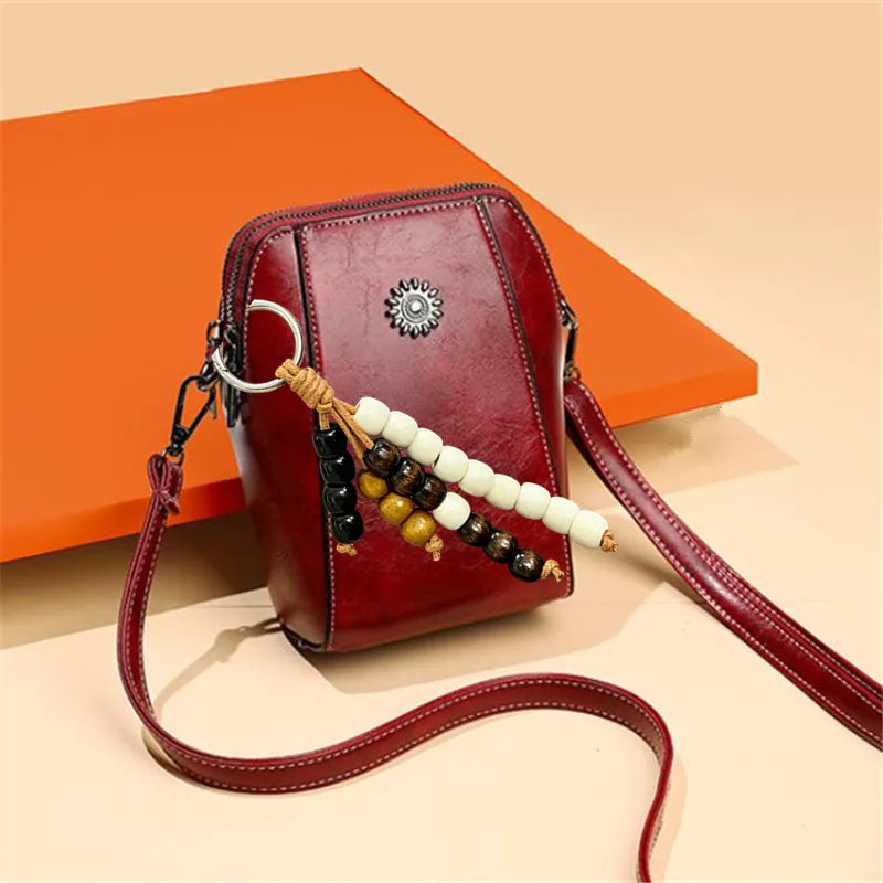 Crossbody Phone Bag – Vintage Faux Leather with Bohemian Beaded Keychain