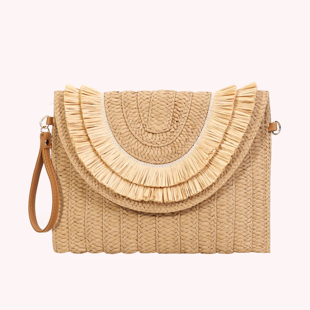Raffia Straw Clutch Bag – Women's Handmade Fringe Crossbody Purse