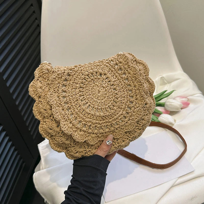 Woven Round Crossbody Bag – Vintage Straw Beach Bag for Women