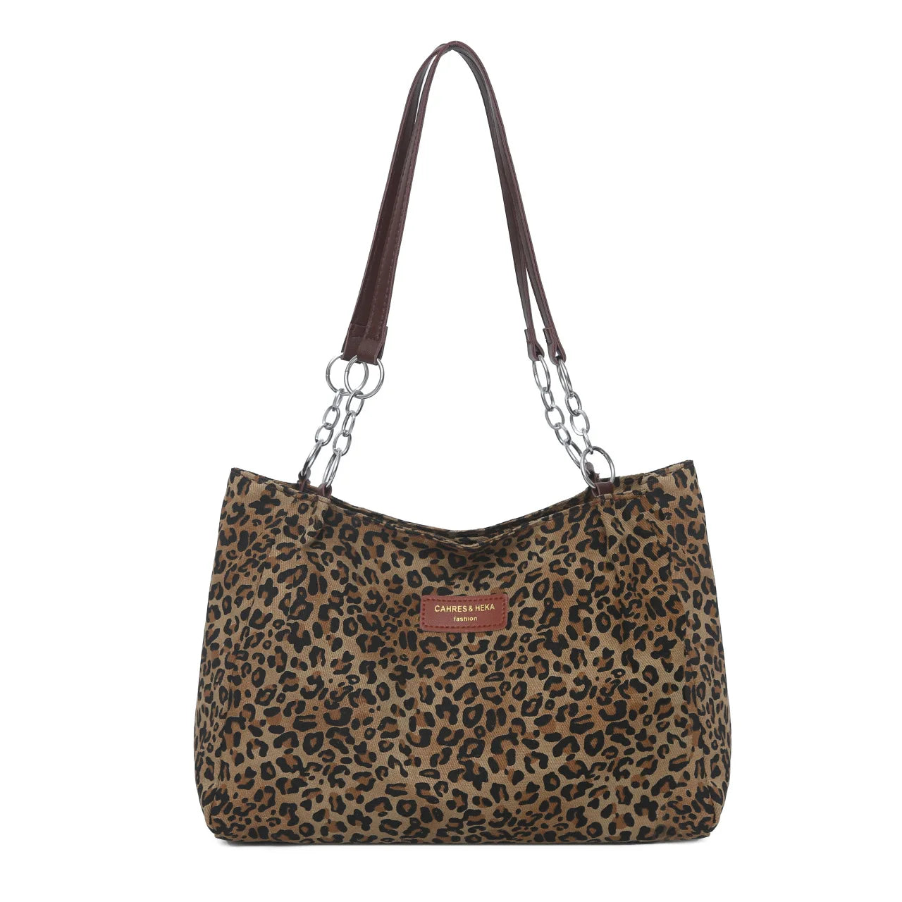Chic Leopard Print Tote Bag Brown Leather Handles Silver Chain Accent Spacious Handbag Shoulder