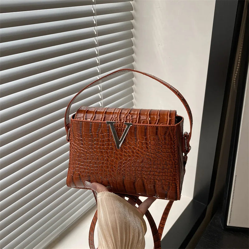 Mini Croc-Embossed PU Leather Handbag with V-Lock