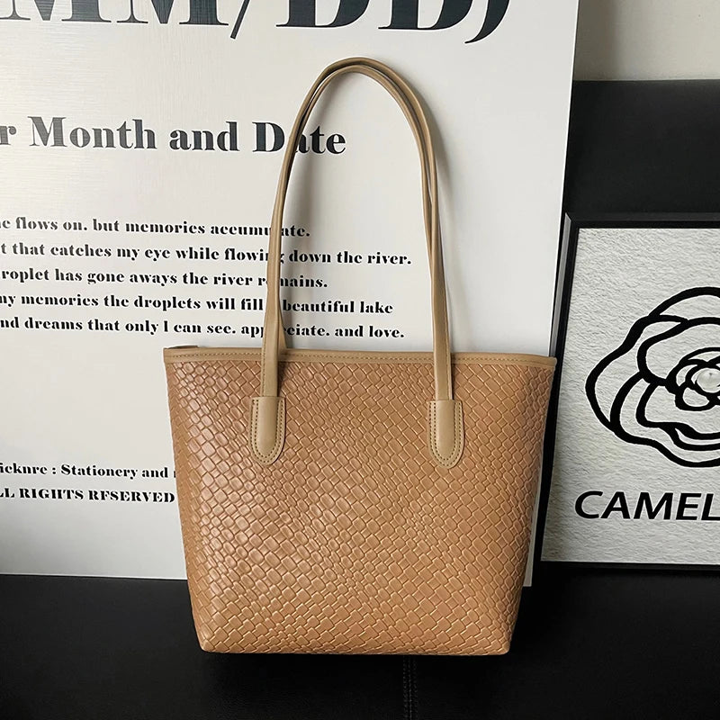 Retro Trendy Women Tote Bag Solid Color Glossy Pu Handbags Woven Texture Large Capacity Shopping