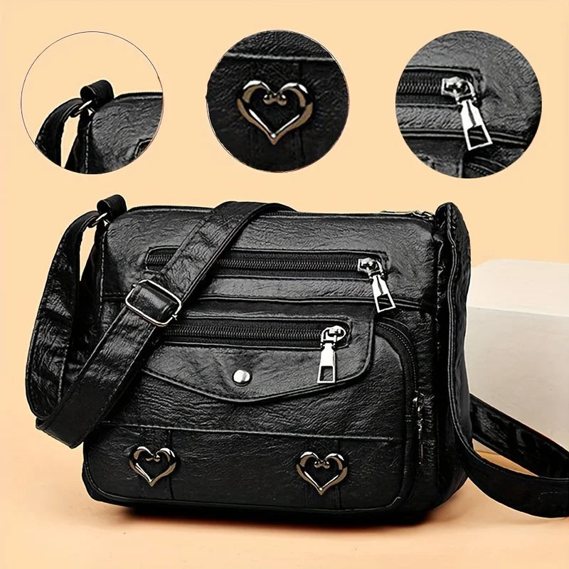 PU Leather Crossbody Bag – Women's Multi-Pocket Shoulder Bag with Heart Detail