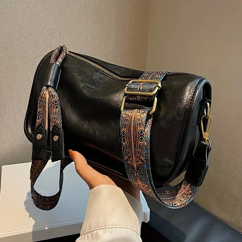 Graphic Pattern Zipper Crossbody Bag Stylish Leather Shoulder Bag Wide Strap Large Capacity Daily