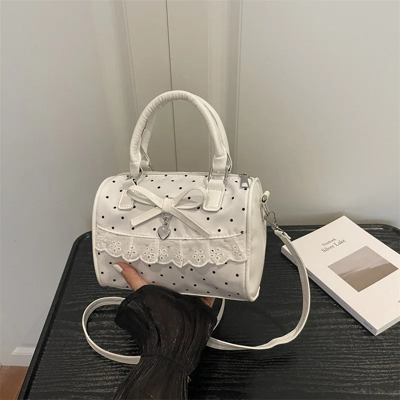 Stylish Polka-Dot Crossbody Bag Sweet Cute Lace Bow Decor Boston Handbag Women S Korean