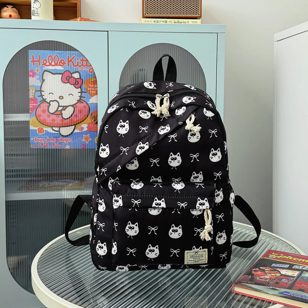 Fresh Age Reducing Cartoon Animal Bow Print Student Backpack Nylon Lightweight Large Capacity Casual