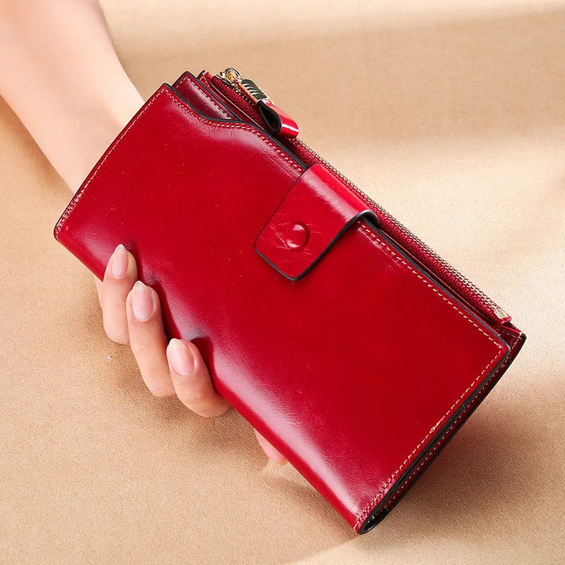 Genuine Leather Long Women S Wallet Rfid Anti-Theft Brush Multi-Slot Retro Oil Wax Hand-Held