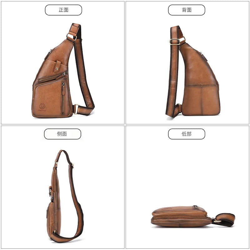 Leather Cross-Body Chest Bag Men Retro Senior Head Layer Cowhard Large Capacity Front Satchel
