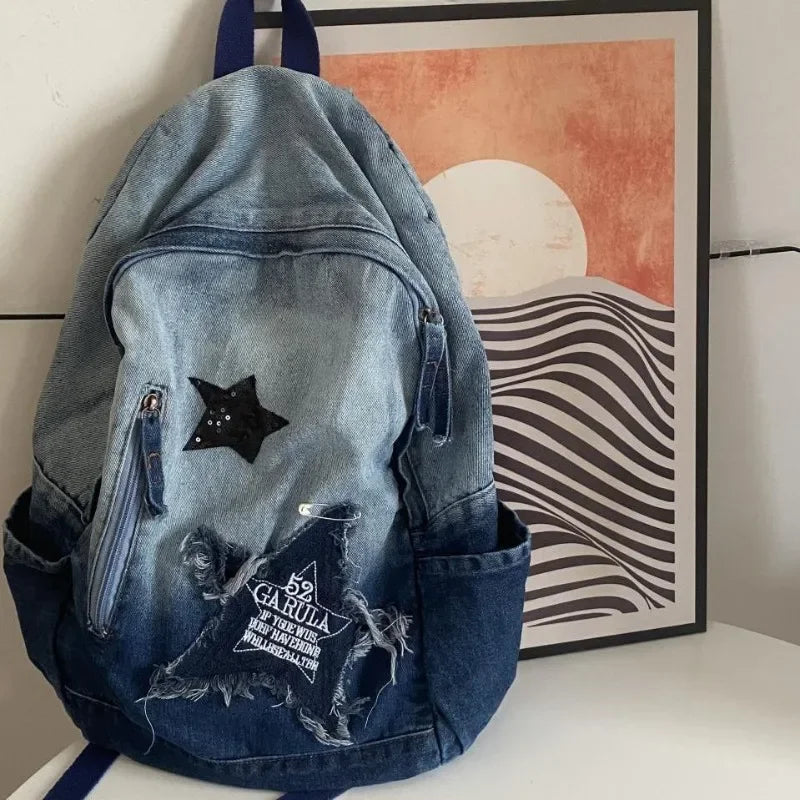 Gray Denim Backpack Women S Leisure Travel Outing Shoulder Bag Female Schoolbags Suitable Boys Girls