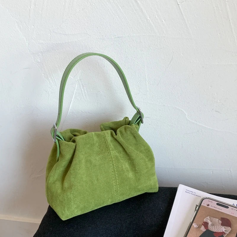 Suede Ruched Mini Bucket Bag with Detachable Strap