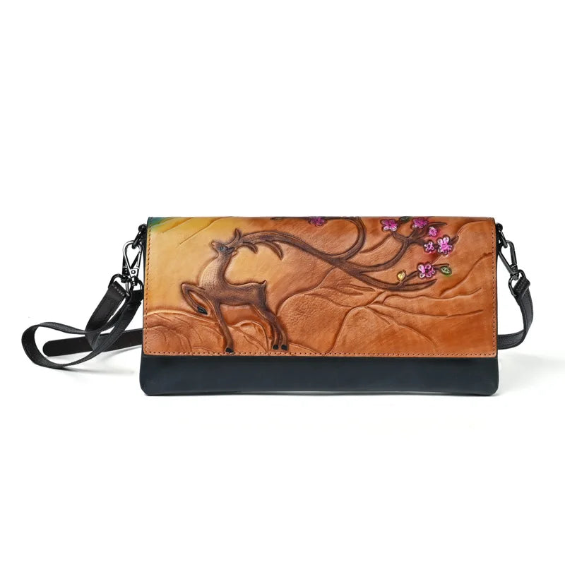 Top Layer Cowhide Crossbody Bag Retro Embossed Colored Retro Style Functional Single-Shoulder Bag