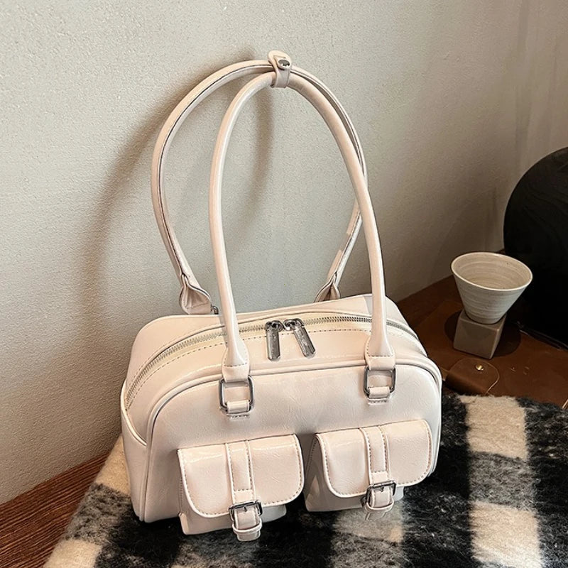 Retro Pu Leather Double Pockets Underarm Bags Women Winter Y2k Korean Female Shoulder Bag Stylish