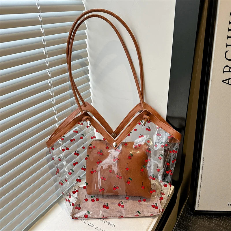 Women Tote Bag Transparent Pvc Cherry Pattern Shoulder Small Commute Shopping