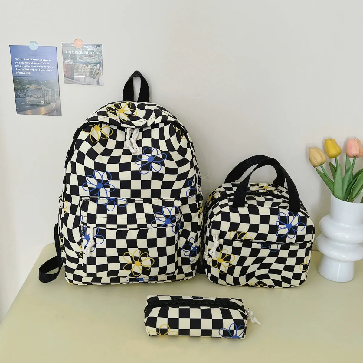 Dopamine Checkerboard Floral Print Three Piece Backpack Set Lightweight