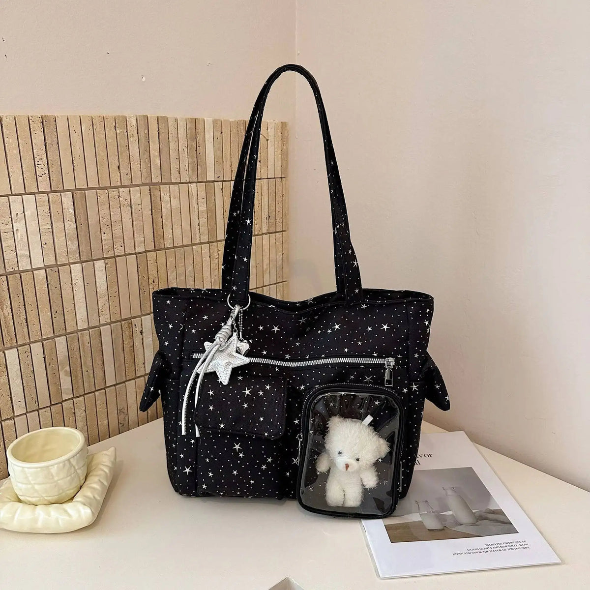 Star Ita Bag Kawaii Y2K Tote Shoulder Bag with Transparent Display Pocket