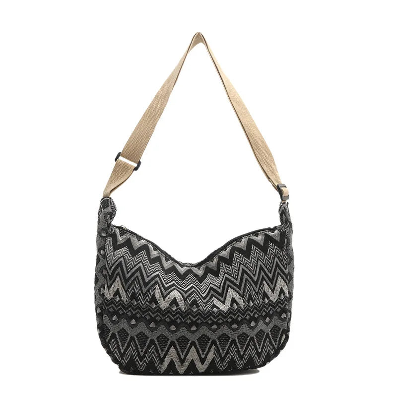 Boho Canvas Shoulder Bag – Adjustable Strap with Fur Ball Charm