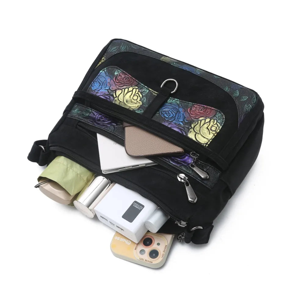 Floral Embroidery Crossbody Bag – Women's Multi-Zipper Shoulder Bag