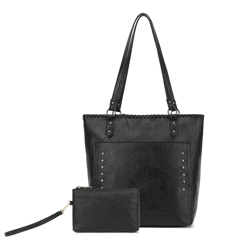 Women Vintage Rivet Faux Leather Tote Shoulder Bag Mini Wristlet Purse Daily Office Travel Shopping