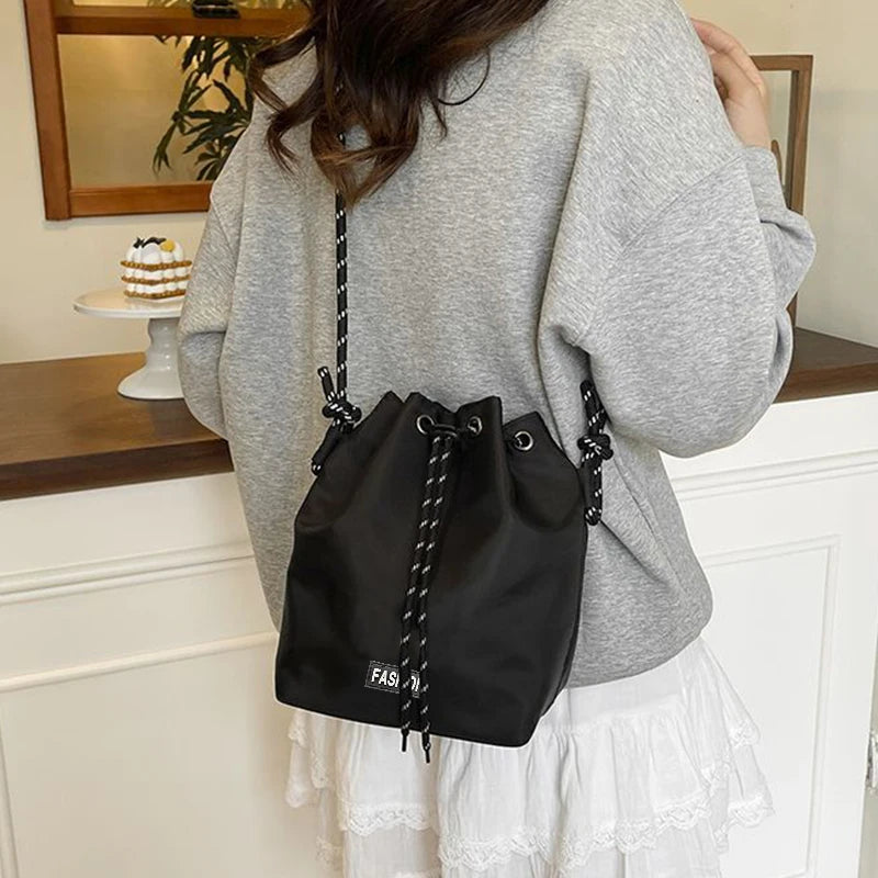 Adjustable Chain Strap Bucket Crossbody Bag Drawstring Nylon Mini Shoulder Purse Women Casual Daily