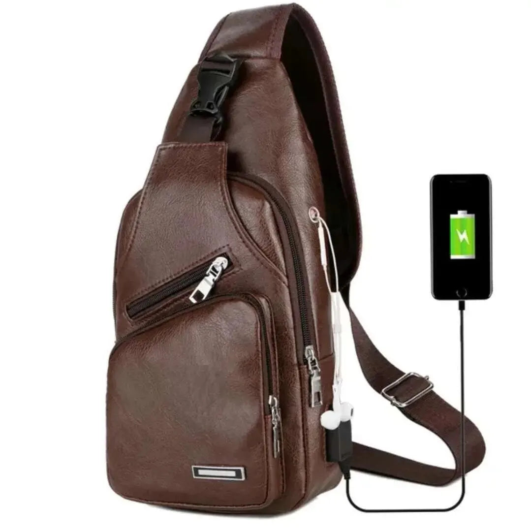 Simple Fashionable Casual Solid Color Pu Multifunctional Usb Charging Zipper Men S Chest Bag