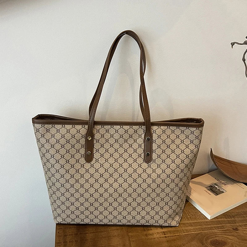 Vintage Monogram Tote Bag – Large Capacity PU Leather Handbag