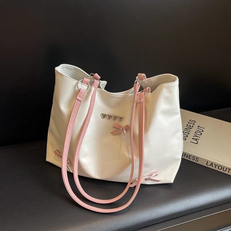 Women Large Capacity Bow Tote Bag Texture Casual Commute Shoulder Student School Daily Handbag