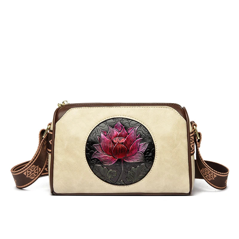 Floral Embossed Leather Crossbody Bag – 3-Layer Women’s Shoulder Bag