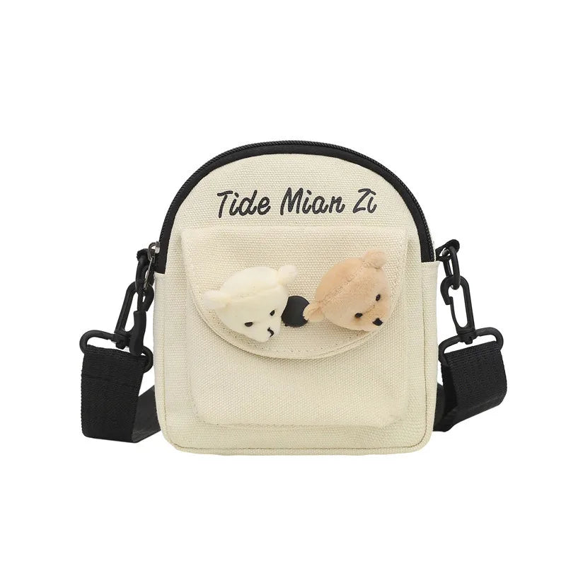 Mini Canvas Crossbody Bag – Cute Bear Plush Charm Shoulder Bag