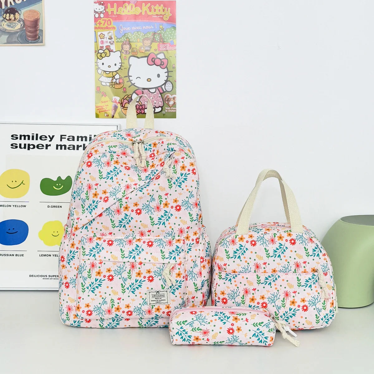 Fresh Lovely Floral Teen Backpack Set Multi-Purpose Large Storage Diagonal Zipper 3-Piece Backpack