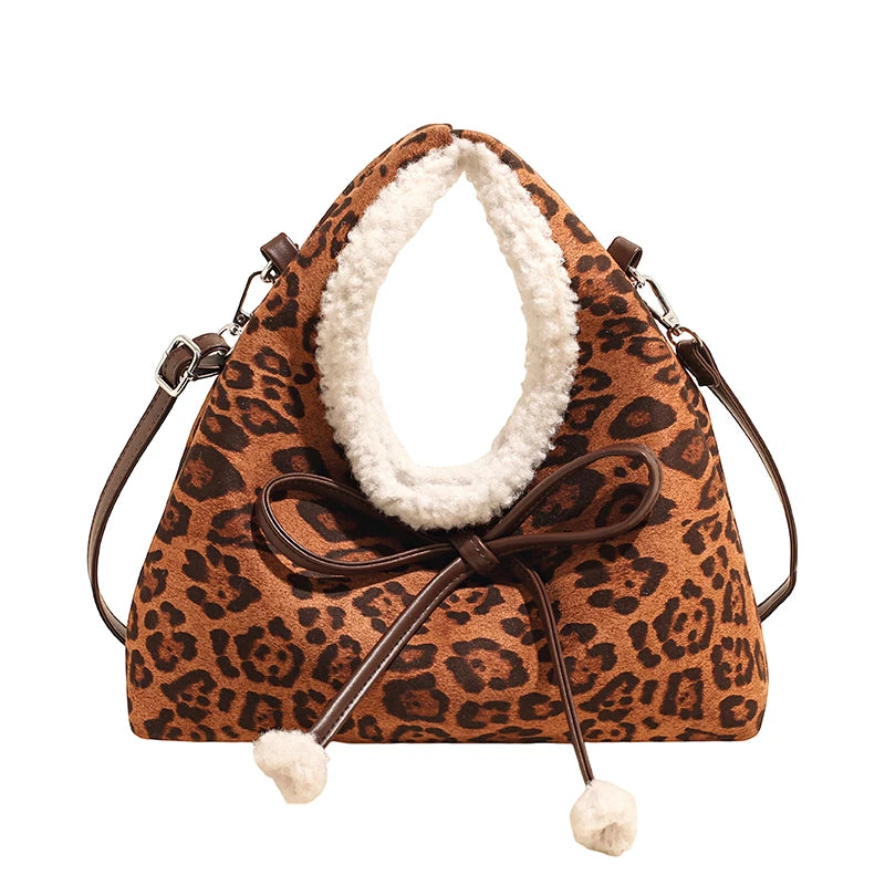 Winter Trend Casual Tote Faux Suede Bow Leopard Zipper Crossbody Bags High-End Design Sense Women S