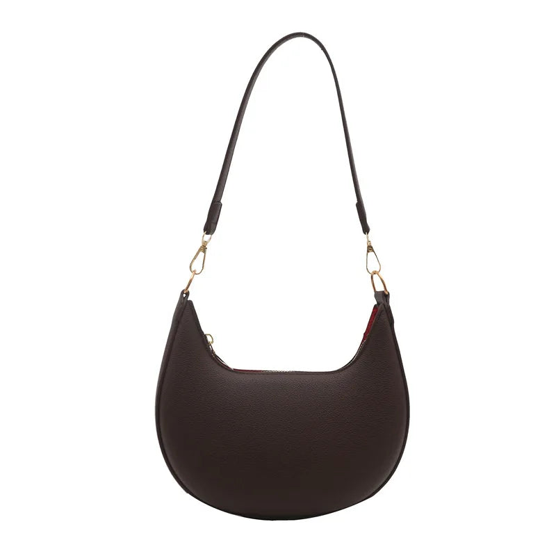 Minimalist Brown Crescent Underarm Bag Soft Leather Shoulder Purse Detachable Strapfor Woman Daily