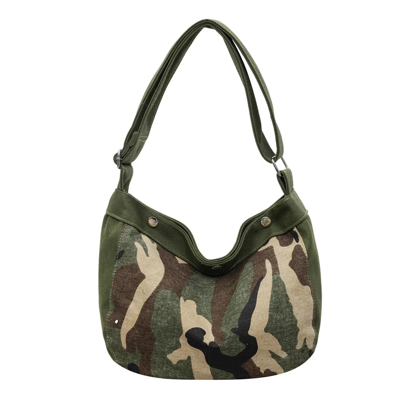 Camouflage Hobo Shoulder Bag Women Retro Army Green Canvas Crossbody Tote Casual Streetwear Underarm