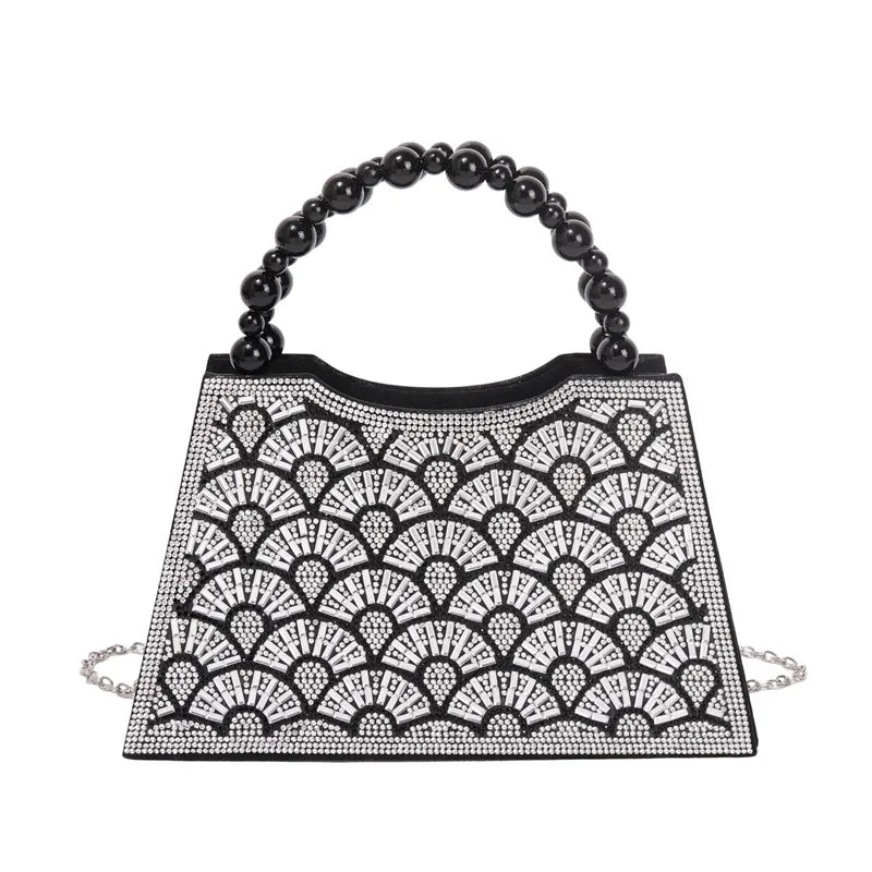 Luxury Rhinestone Fish Scale Pattern Handbag Women Pearl Handle Evening Clutch Bag Wedding Party
